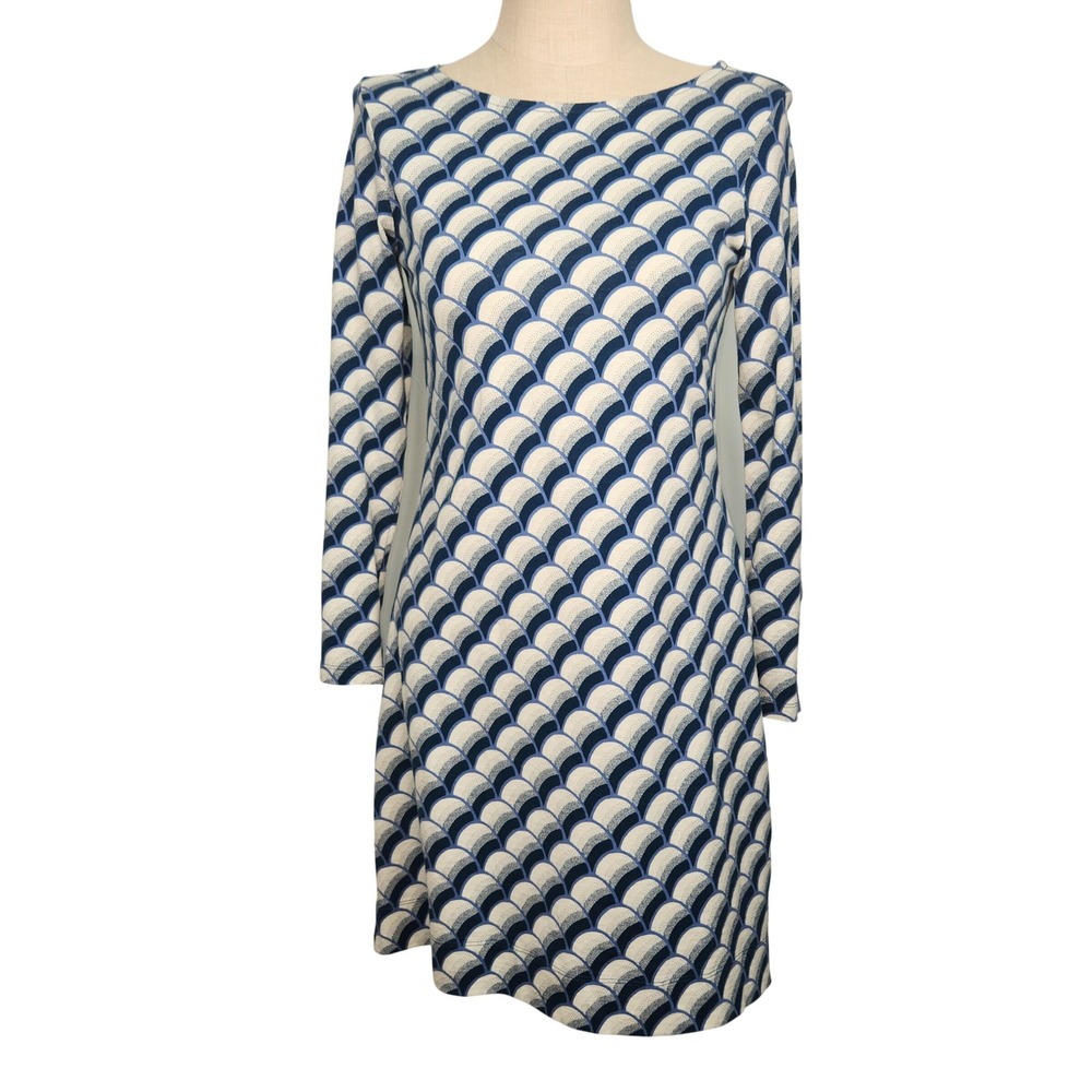 Hatley Zoe Blue White‎ Scallop Print Long Sleeve Cotton Shift Dress Size M